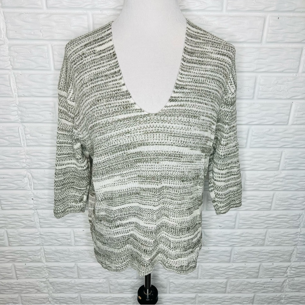 EXPRESS V-Neck Sage Green Marled Striped Knit Sweater Top Size M
